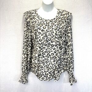 Riani Leopard Print Ruffle Blouse Top Shirt Size 4 White Long Sleeve Lightweight